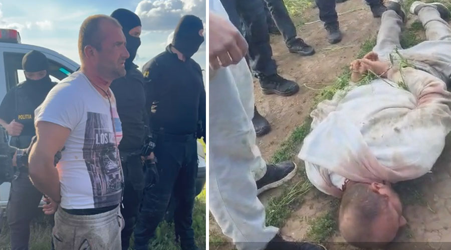 Left: a man is being detained by masked police officers beside a patrol car; Right: an injured person lies on the ground wrapped in a white sheet with bystanders nearby.