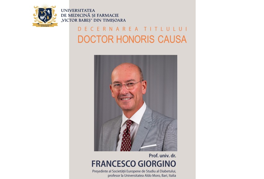 Poster announcing Doctor Honoris Causa for Prof. Francesco Giorgino, with university crest and his portrait as the main image.