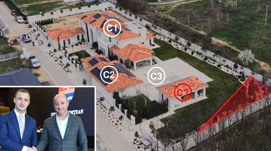 Aerial view of a gated luxury villa complex with orange-tiled roofs, white circular markers C1, C2, C3 and a red triangular area; inset shows two men in suits shaking hands.