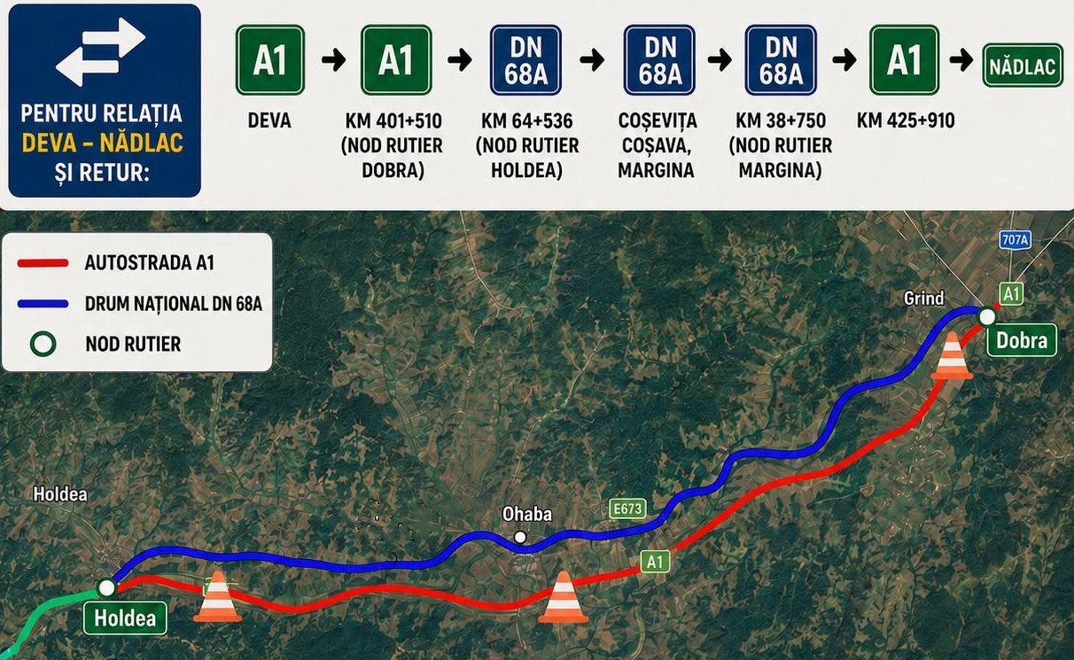 Map of a road project showing red A1 autostrada, blue DN 68A drum national, green nod rutier signs; detour from Holdea to Dobra with construction cones and route labels