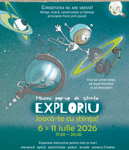 Poster în stil science-pop-up pentru muzeu EXPORIU, cu astronaut, roboți și planete pe fundal spațial; eveniment 6–11 iulie 2026, 17:30–20:30; curiozitatea nu are vârstă!