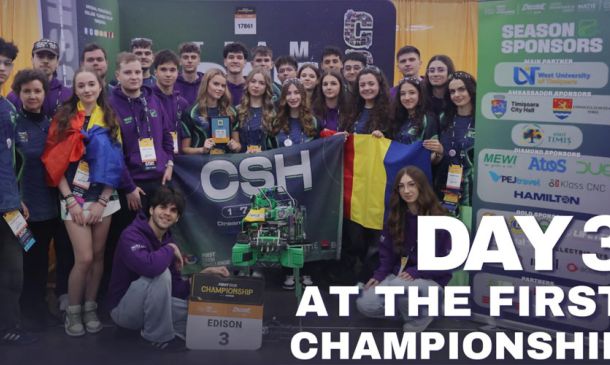 Group of students and mentors pose with a green robot and a 'CSH' banner at a robotics championship; Day 3 at the First Championship text visible.