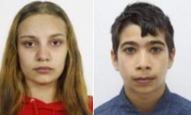 Two passport-style headshots side by side: left photo shows a young woman with long light brown hair wearing a red hoodie; right photo shows a young man with short dark hair wearing a blue collared shirt. Both have neutral expressions against a light background.