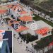Aerial view of a gated luxury villa complex with orange-tiled roofs, white circular markers C1, C2, C3 and a red triangular area; inset shows two men in suits shaking hands.