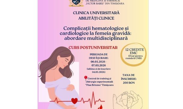 Poster for a postgraduate course on hematologic and cardiologic complications in pregnancy; shows a pregnant woman with a heart-rate line and holding her belly, logo of Victor Babeș University.