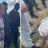 Left: a man is being detained by masked police officers beside a patrol car; Right: an injured person lies on the ground wrapped in a white sheet with bystanders nearby.